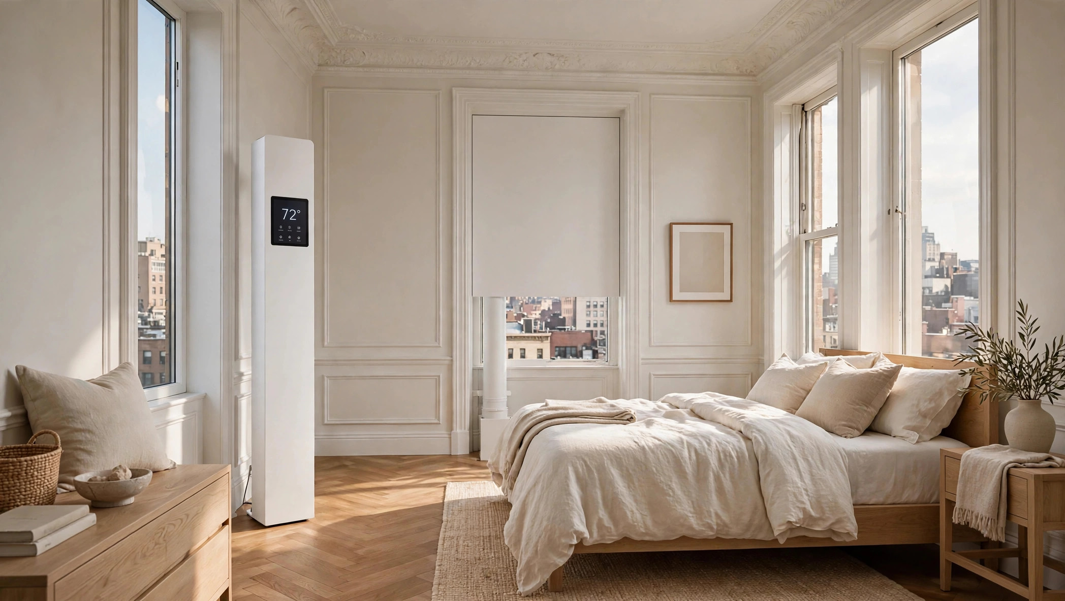 Calm bedroom with a Climatmat Slender and a view over the city